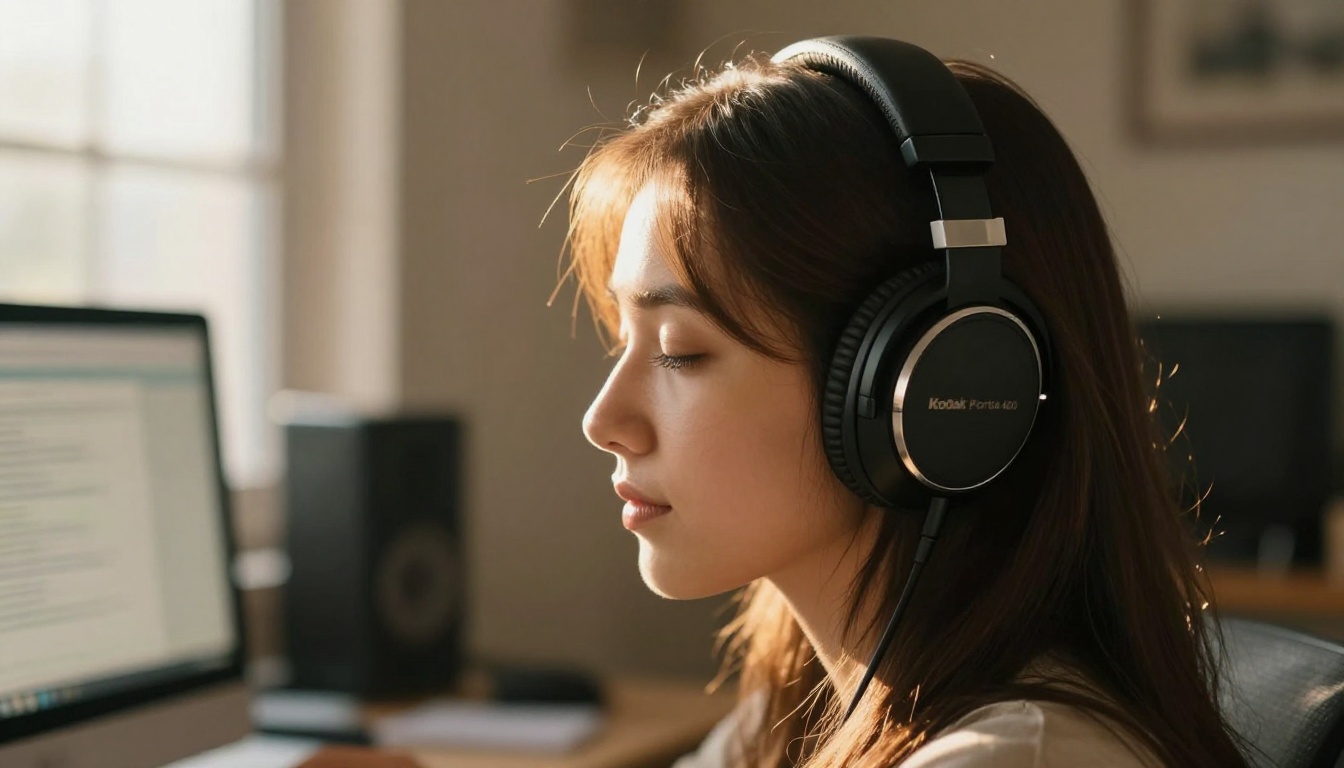 Young woman with studio headphones listening in natural afternoon light