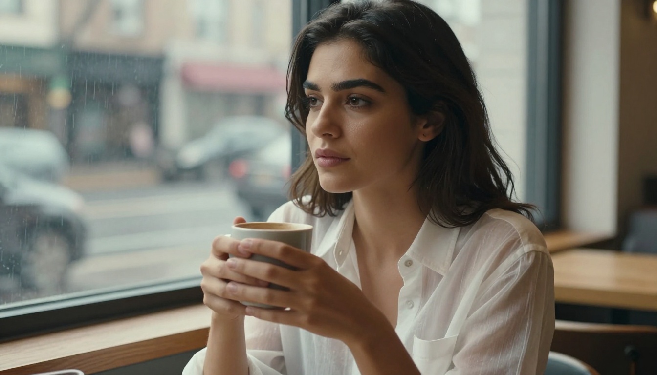 Close-up portrait of a woman in a sheer white linen shirt in a coffee shop window seat, candid expression with blurred rainy city street behind her