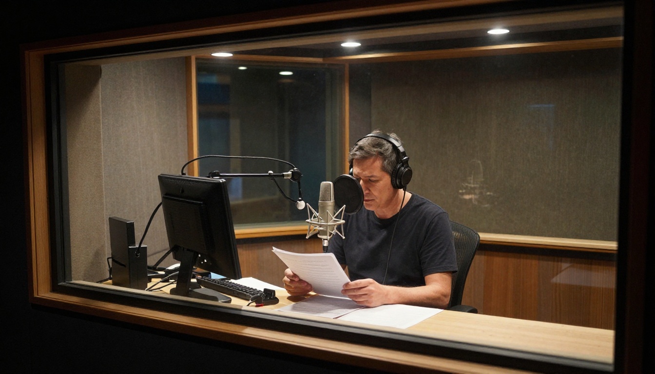 Voice recording booth viewed through control room glass