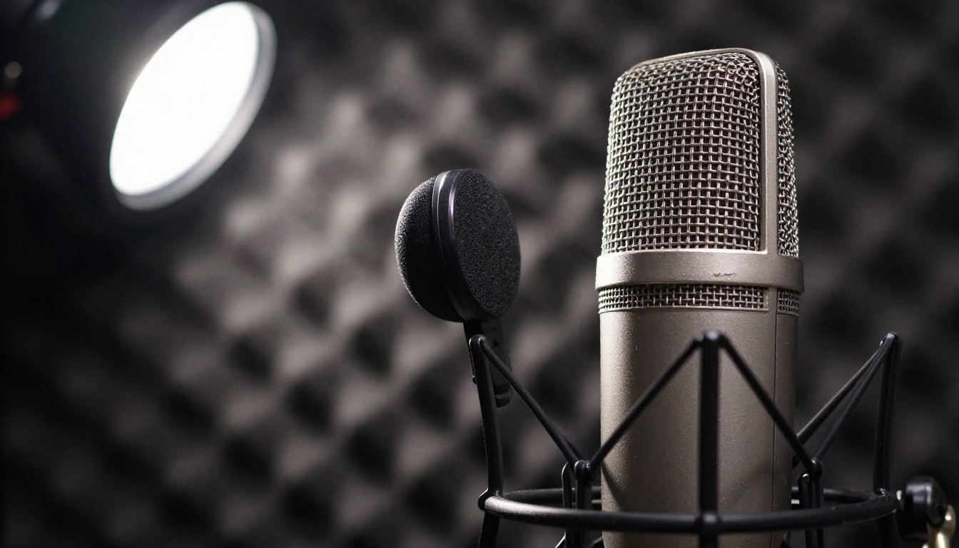 Professional condenser microphone close-up against acoustic foam