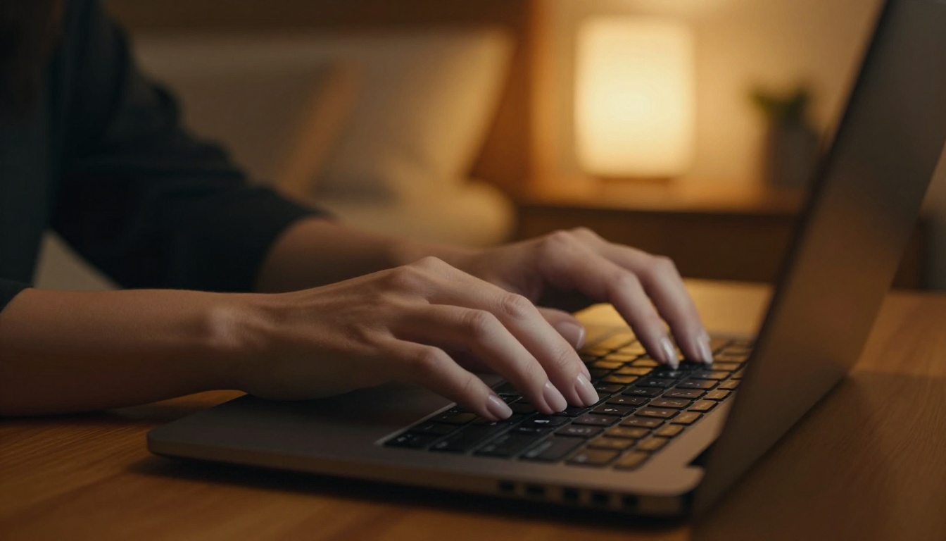 Hands typing on a laptop in a dimly lit private room