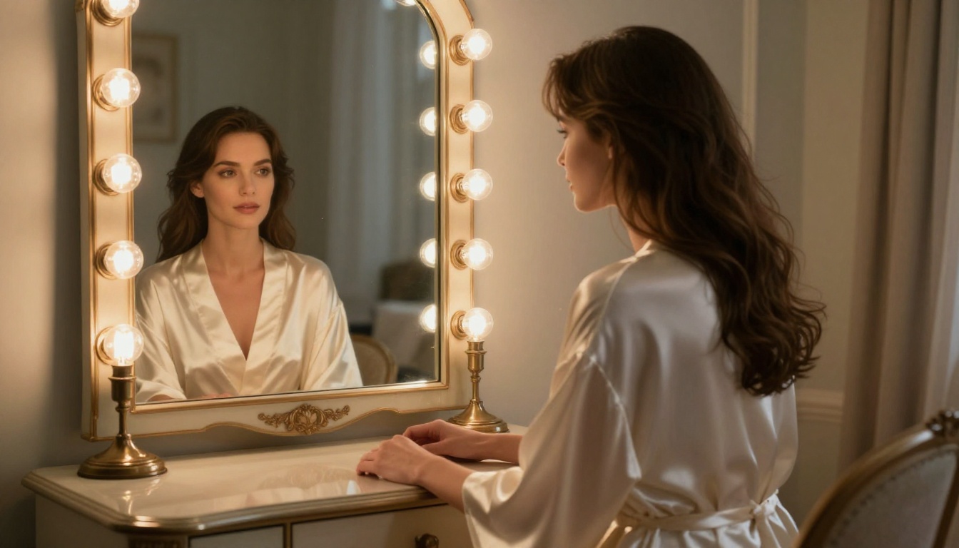 Woman at vanity mirror in elegant boudoir setting