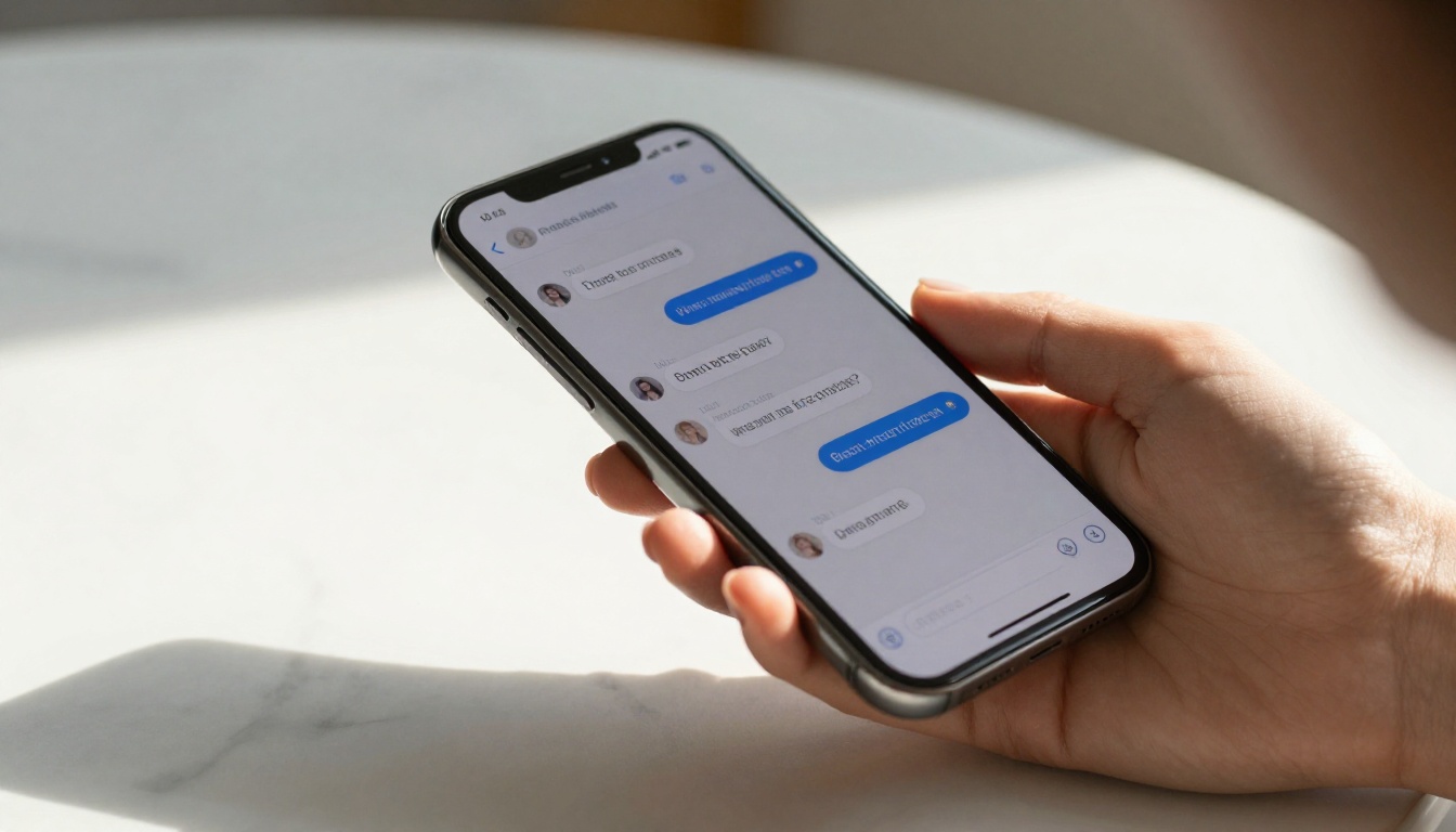 Smartphone showing chat interface held in female hand