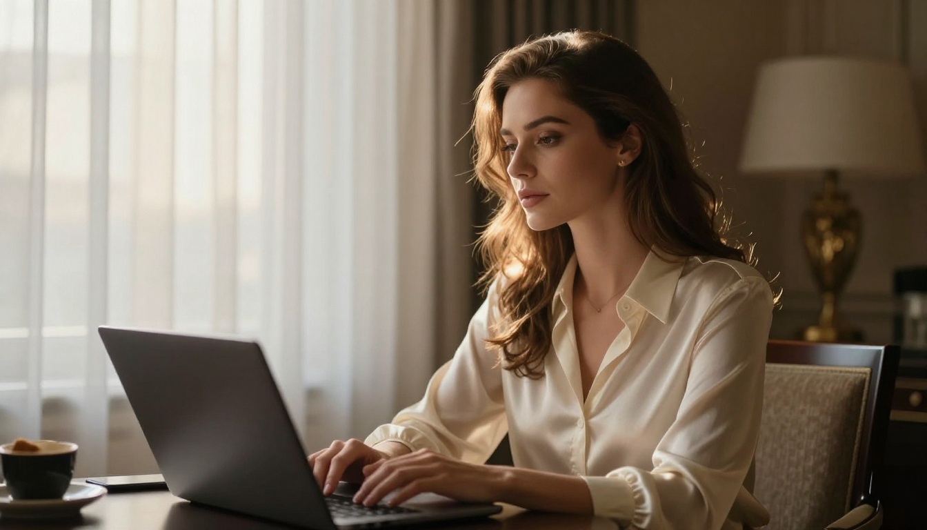 Woman at hotel window with laptop, morning light streaming in