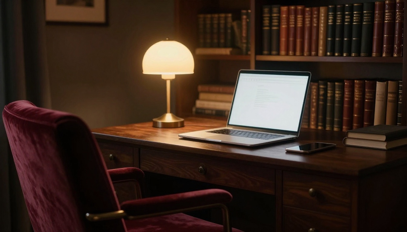 Atmospheric private study with warm lamp and open laptop