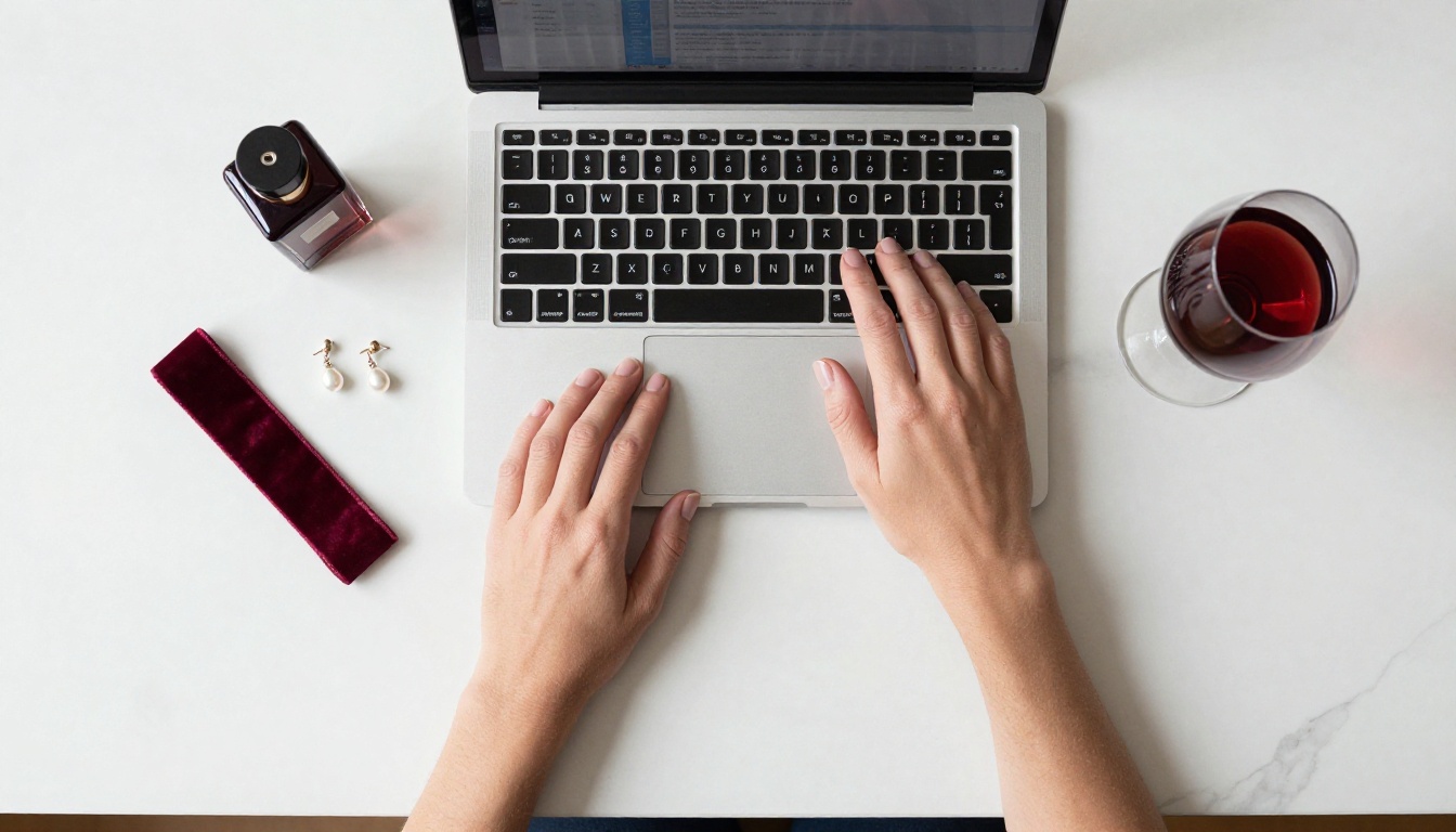 Top-down flat-lay of laptop and feminine accessories on marble