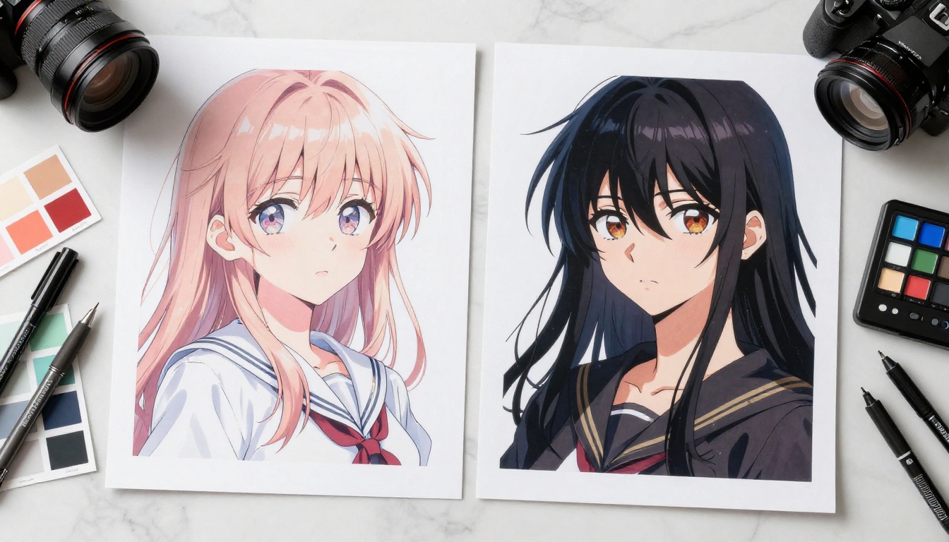 Flat lay comparison of two printed anime character reference sheets side by side on marble Flat lay comparison of two printed anime character reference sheets side by side on marble