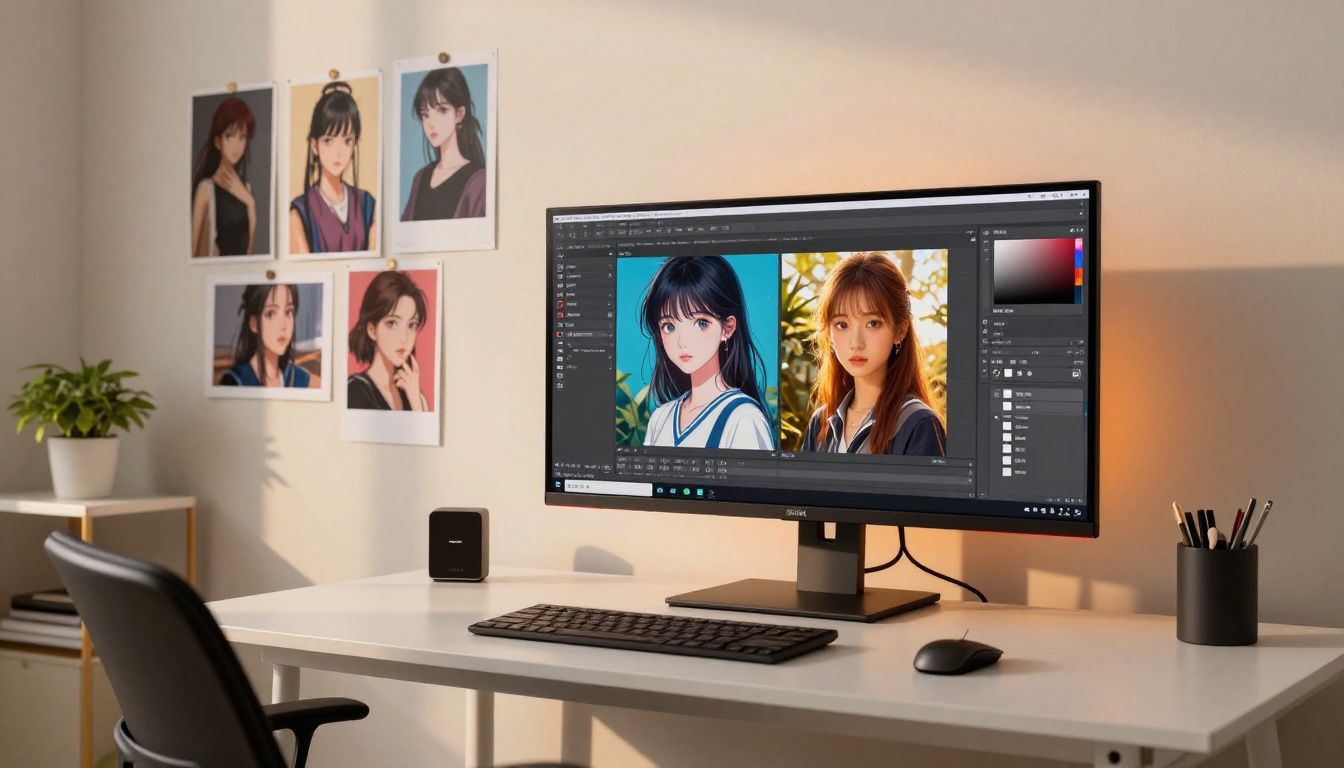 Professional studio interior with split-screen AI generation software interface on large monitor Professional studio interior with split-screen AI generation software interface on large monitor
