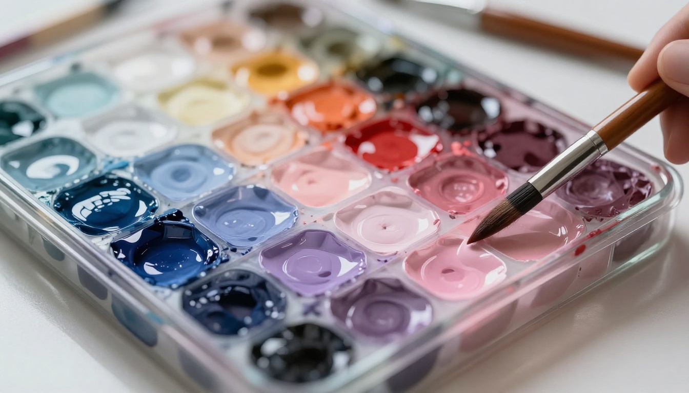 Artist's glass palette with anime-inspired paint swatches arranged in vivid gradient rows Artist's glass palette with anime-inspired paint swatches arranged in vivid gradient rows