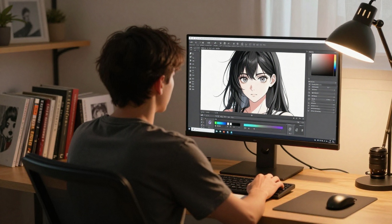 Professional digital artist at workstation with two monitors showing anime character artwork and layers panel Professional digital artist at workstation with two monitors showing anime character artwork and layers panel
