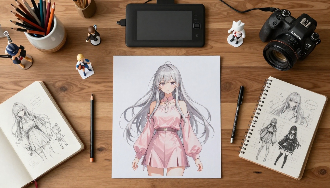 Overhead aerial view of an artist's desk organized with anime art project materials and Wacom tablet Overhead aerial view of an artist's desk organized with anime art project materials and Wacom tablet