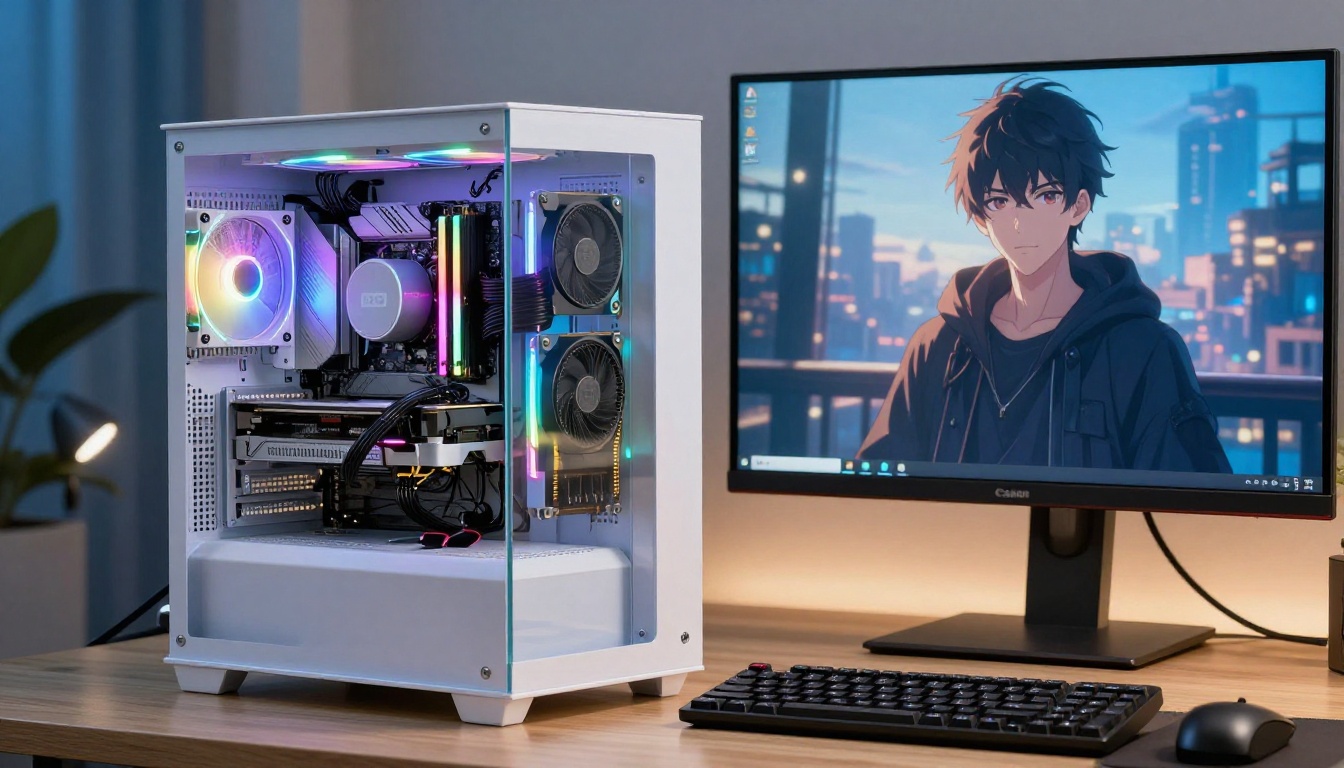 Professional AI art generation workstation with tempered glass PC tower and large 4K display Professional AI art generation workstation with tempered glass PC tower and large 4K display