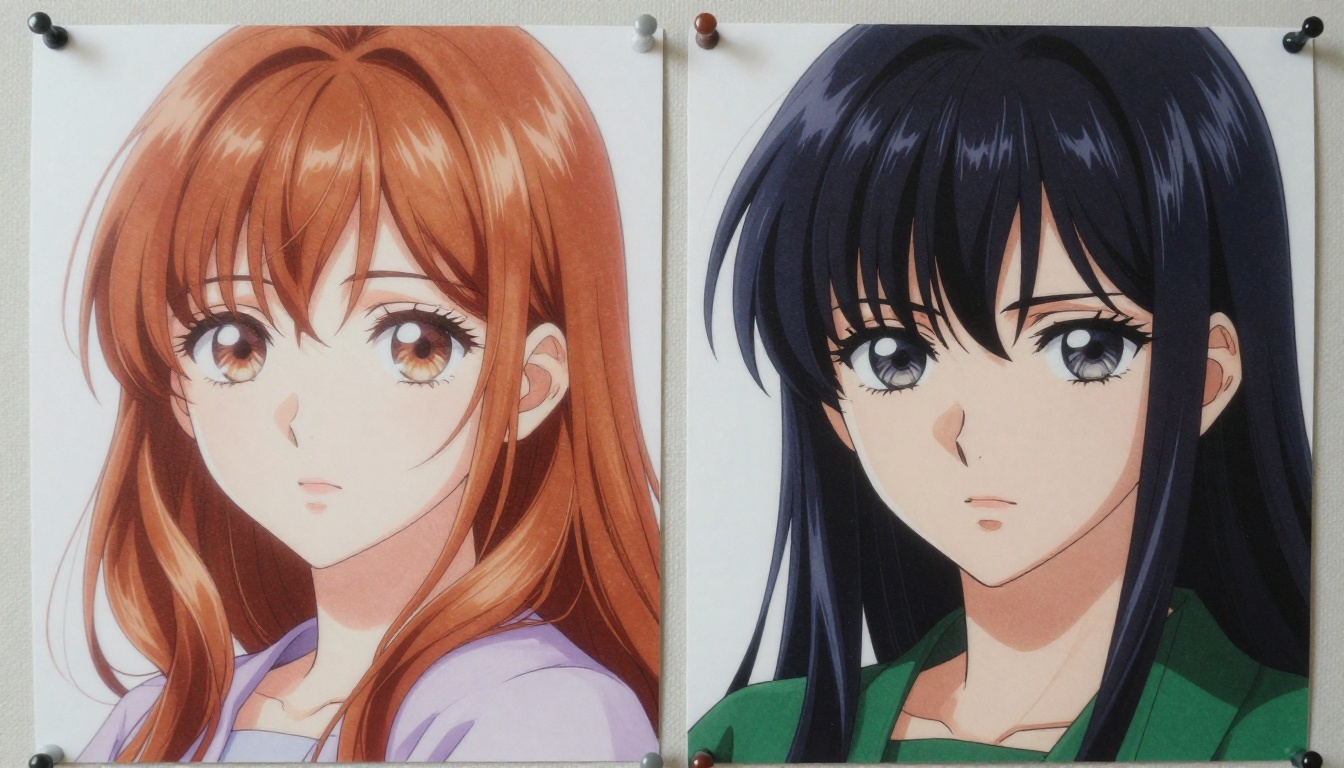 Two side-by-side anime portrait prints on a gray fabric pinboard showing contrasting shading styles Two side-by-side anime portrait prints on a gray fabric pinboard showing contrasting shading styles