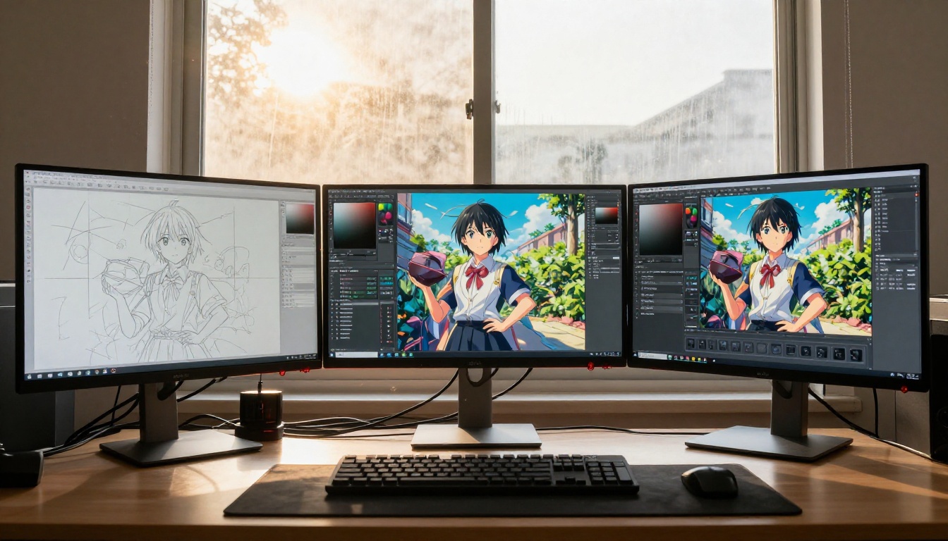 Triple monitor setup in professional anime art studio showing character production pipeline stages Triple monitor setup in professional anime art studio showing character production pipeline stages
