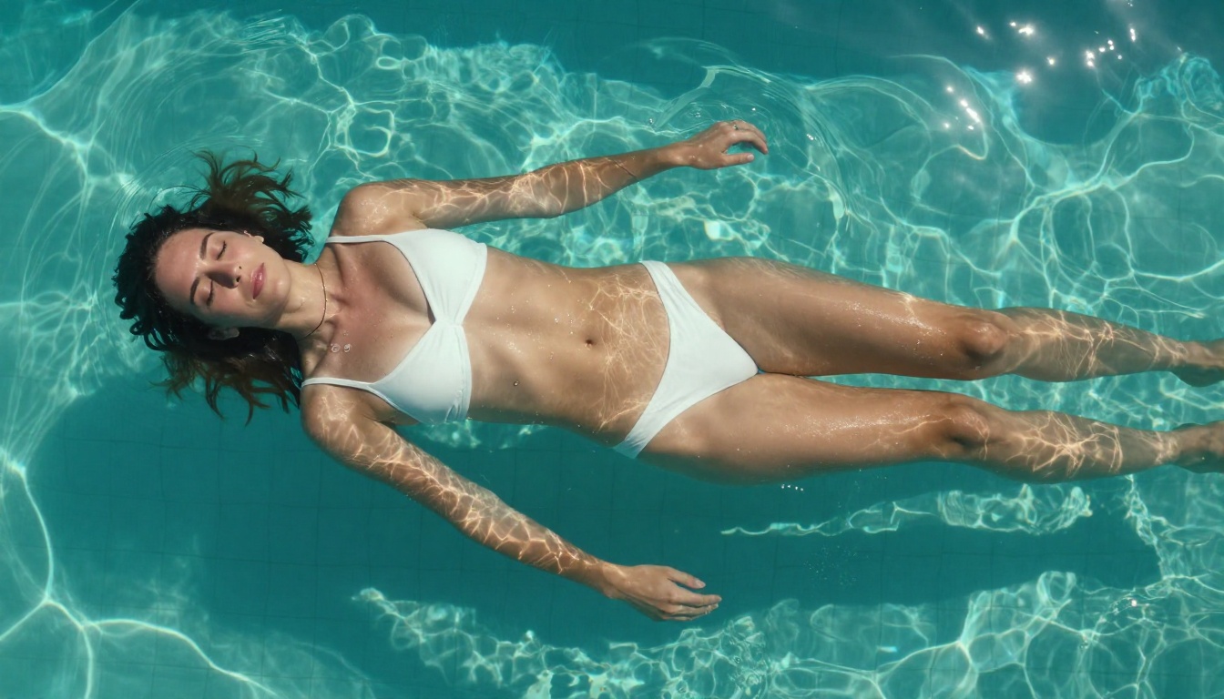 Aerial shot of woman floating in turquoise pool, water caustic gold patterns