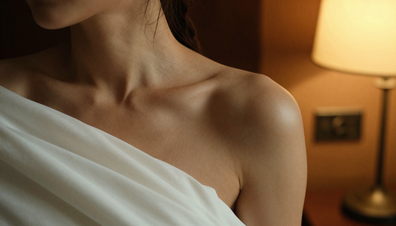 Woman's bare shoulder and neckline, warm incandescent amber lamp, 85mm bokeh