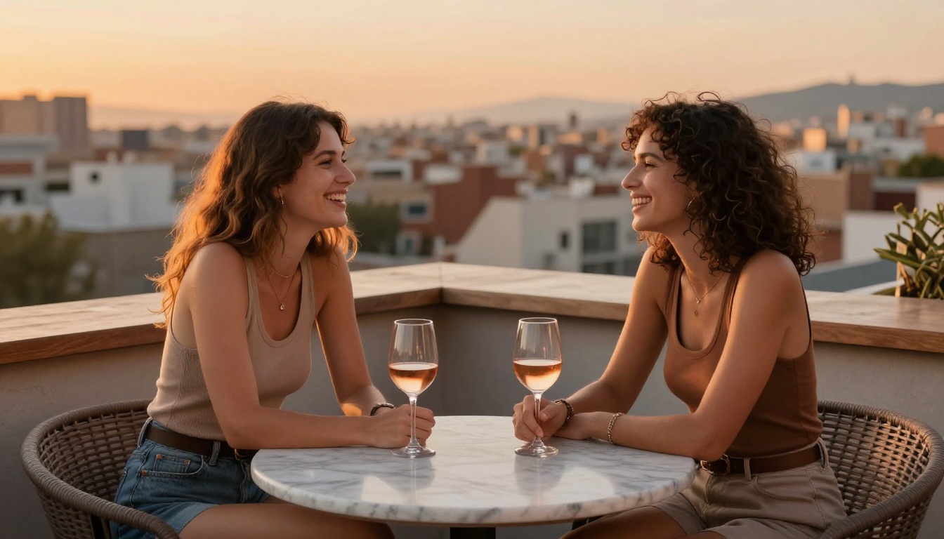 Two women laughing at rooftop Barcelona bar, golden hour warm light