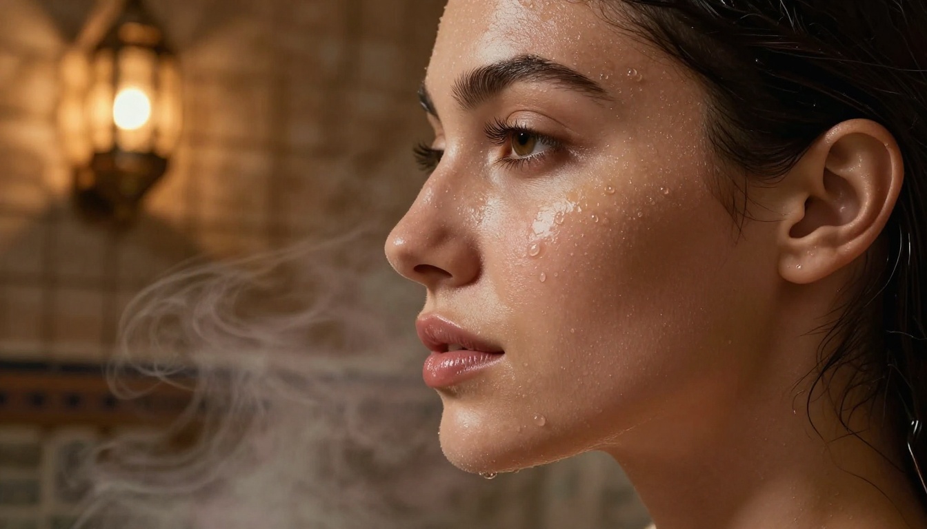 Woman's face in Moroccan hammam, steam, copper lanterns, dewy skin