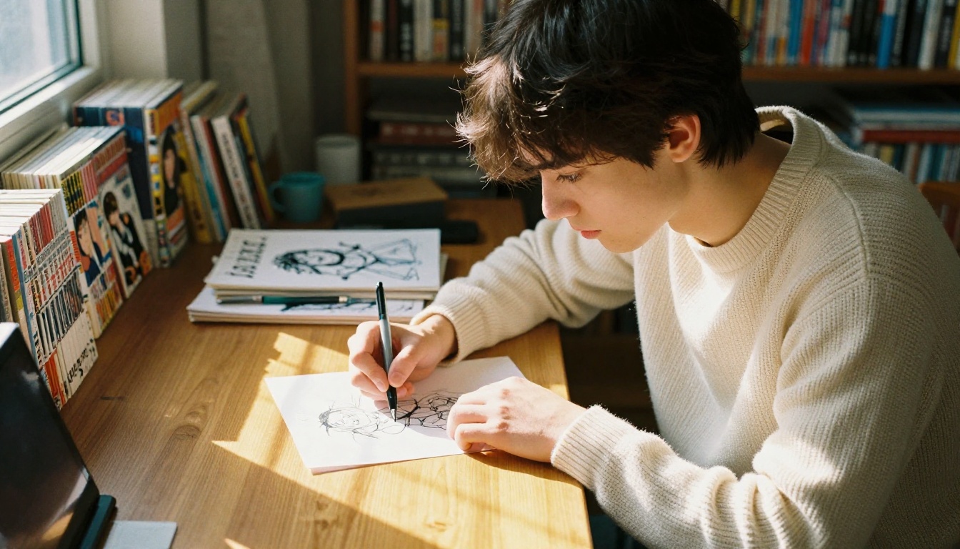Young man sketching at a wooden desk surrounded by manga volumes, warm afternoon light streaming through the window, cream knit sweater, focused expression Young man sketching at a wooden desk surrounded by manga volumes, warm afternoon light streaming through the window, cream knit sweater, focused expression