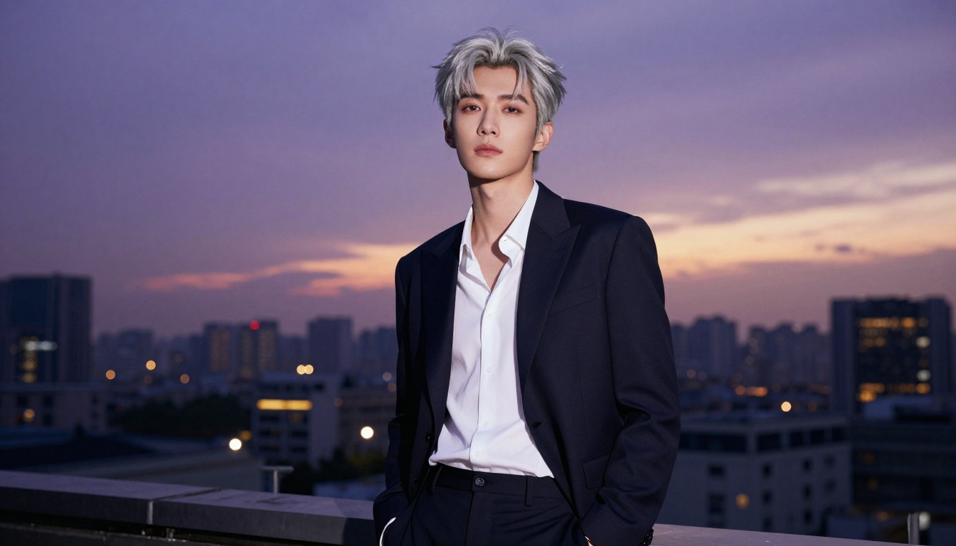 Handsome young man with silver-white hair standing on a rooftop at dusk, city skyline bokeh behind him, dark navy blazer, low-angle shot from below Handsome young man with silver-white hair standing on a rooftop at dusk, city skyline bokeh behind him, dark navy blazer, low-angle shot from below