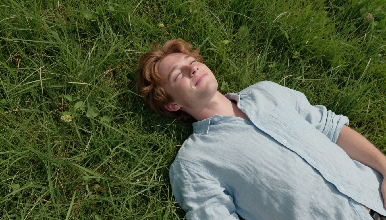 Young man lying on a grassy hillside in spring afternoon, auburn hair, light freckles, light blue linen shirt, arms spread wide, aerial top-down perspective Young man lying on a grassy hillside in spring afternoon, auburn hair, light freckles, light blue linen shirt, arms spread wide, aerial top-down perspective