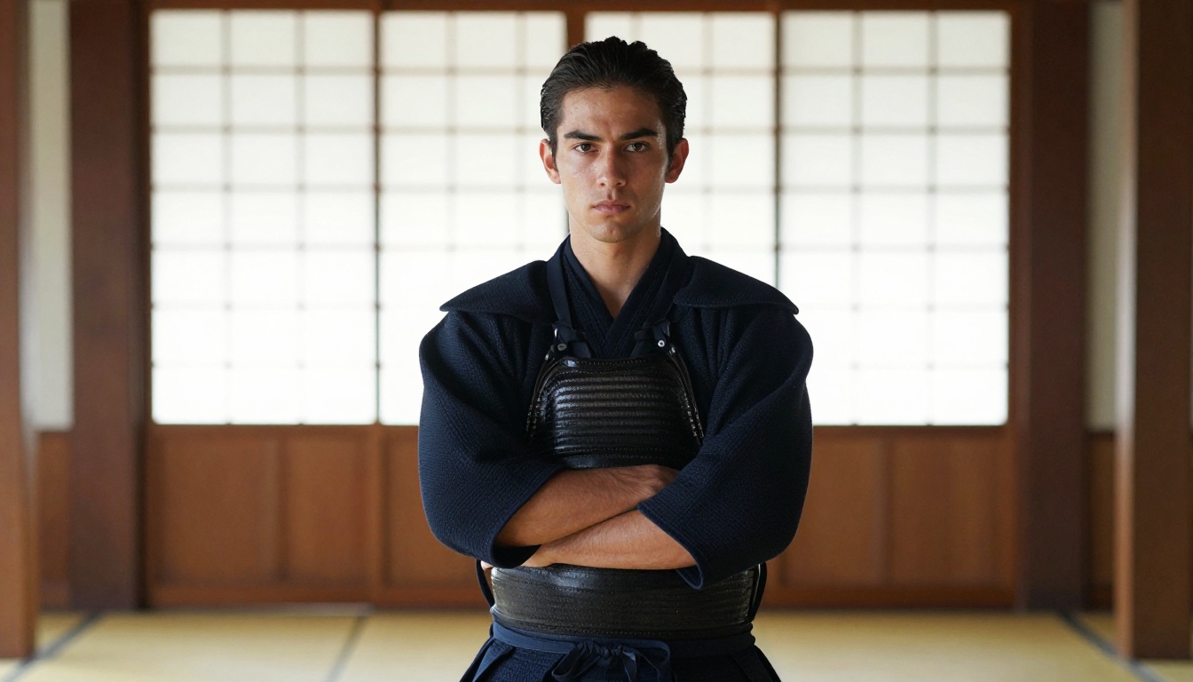Serious young man in a black kendo uniform inside a traditional Japanese dojo, arms crossed, natural diffused light through shoji screens, calm determined expression Serious young man in a black kendo uniform inside a traditional Japanese dojo, arms crossed, natural diffused light through shoji screens, calm determined expression