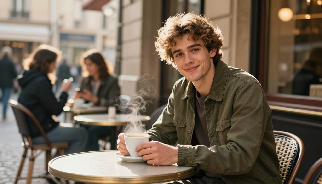 Charming young man with wavy golden-brown hair sitting at a small outdoor Parisian cafe table, holding a white coffee cup, genuine warm smile, cobblestone street behind him, morning amber sunlight Charming young man with wavy golden-brown hair sitting at a small outdoor Parisian cafe table, holding a white coffee cup, genuine warm smile, cobblestone street behind him, morning amber sunlight
