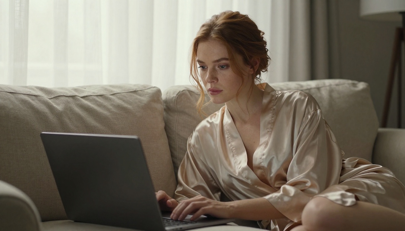 Woman curled on sofa with laptop in soft afternoon light
