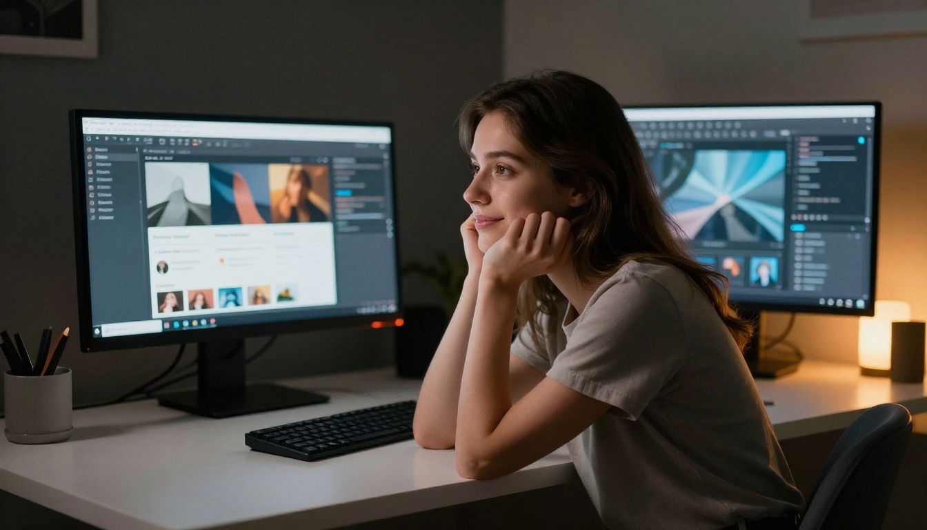 Woman warmly lit by monitors working late at desk