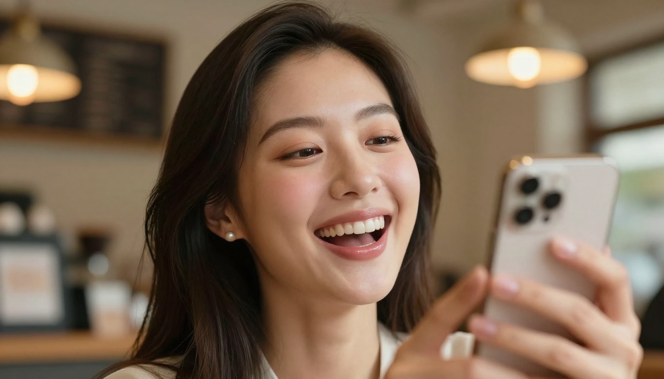 Woman laughing while looking at her phone in a warm coffee shop