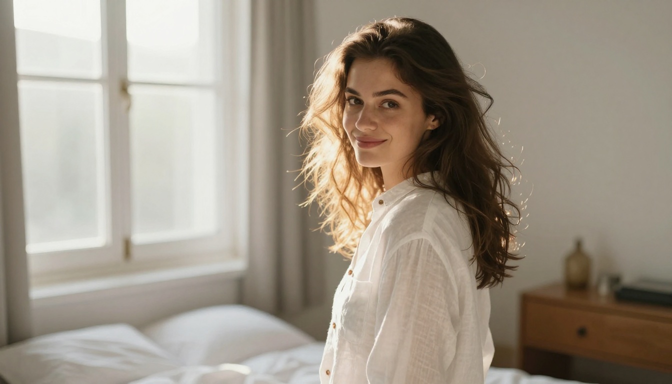 Woman in linen shirt looking over her shoulder in morning bedroom light
