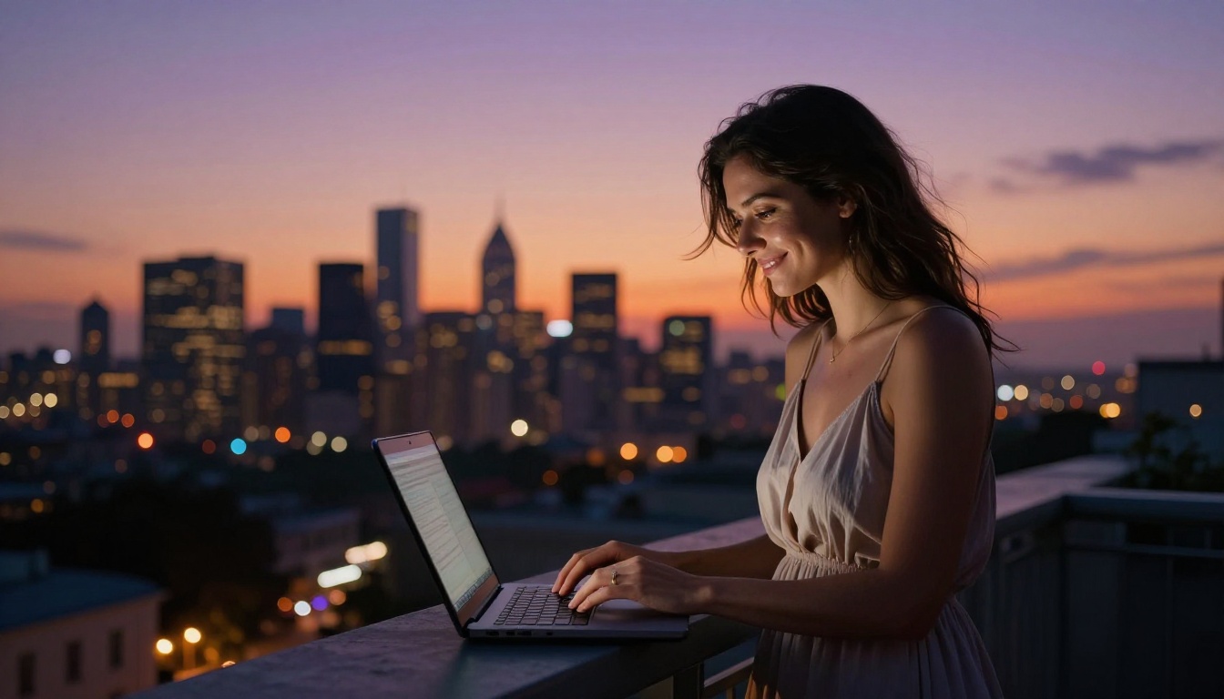 Woman on balcony at dusk with glowing city skyline and laptop