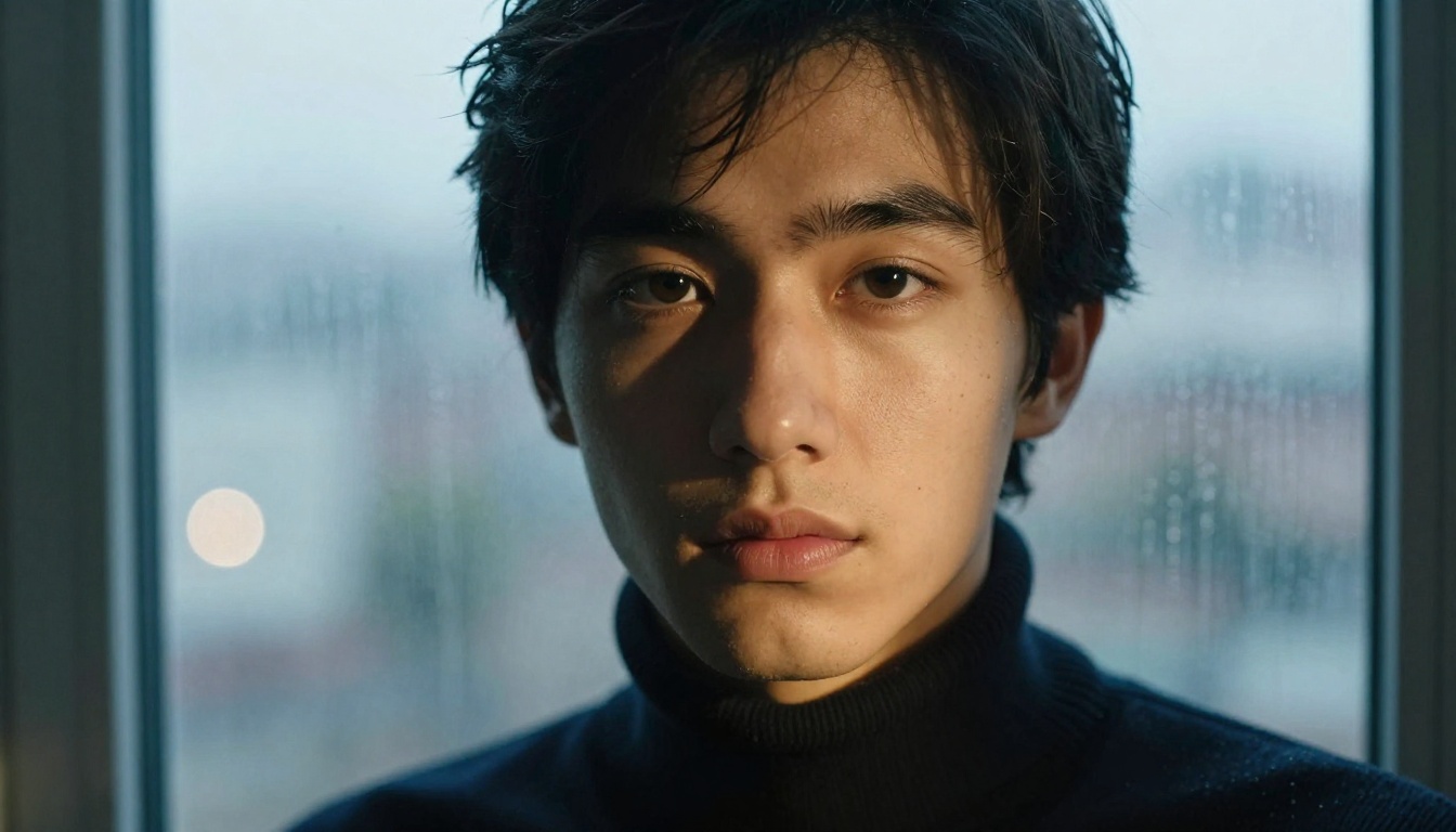 Close-up portrait of a dark-haired young man near a rain-streaked window at night, city lights as soft bokeh behind him, dark turtleneck sweater, cool blue window light from the left, thoughtful expression Close-up portrait of a dark-haired young man near a rain-streaked window at night, city lights as soft bokeh behind him, dark turtleneck sweater, cool blue window light from the left, thoughtful expression