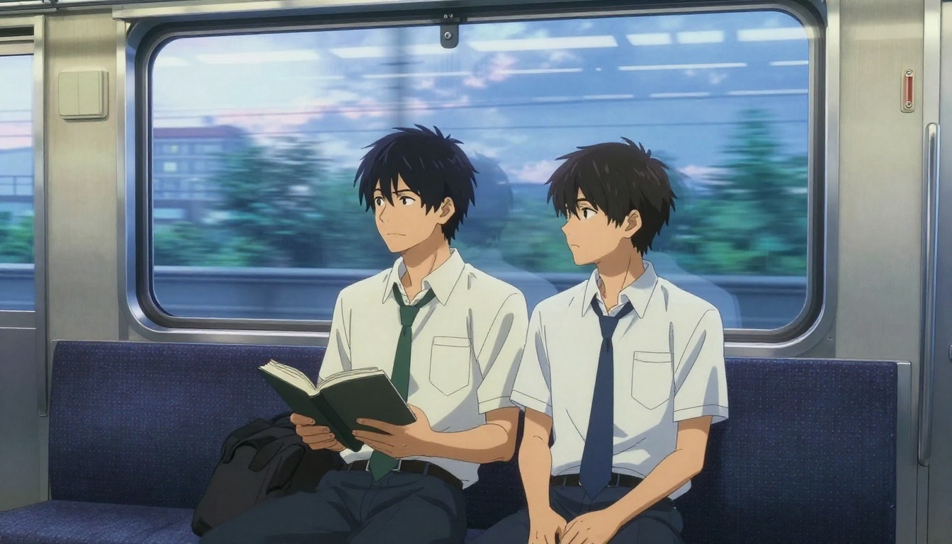 Two anime-style young men sitting side by side on a modern Japanese train, one dark-haired reading a book with a smirk, one lighter-haired looking out the window pensively, late evening interior lighting Two anime-style young men sitting side by side on a modern Japanese train, one dark-haired reading a book with a smirk, one lighter-haired looking out the window pensively, late evening interior lighting