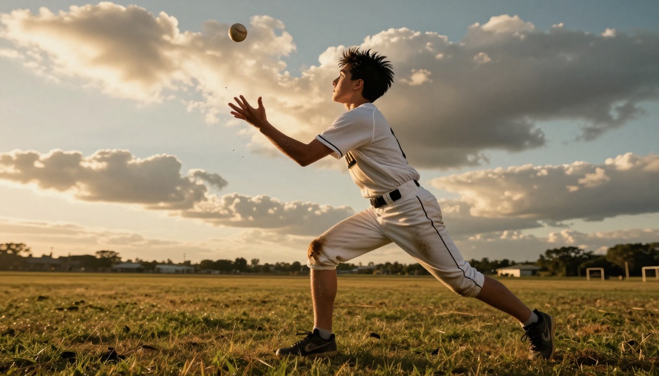 Athletic young man with short black hair mid-motion catching a baseball in an open summer field, low-angle shot from the ground, golden hour light from behind, white jersey with dirt marks, dramatic cumulus clouds Athletic young man with short black hair mid-motion catching a baseball in an open summer field, low-angle shot from the ground, golden hour light from behind, white jersey with dirt marks, dramatic cumulus clouds