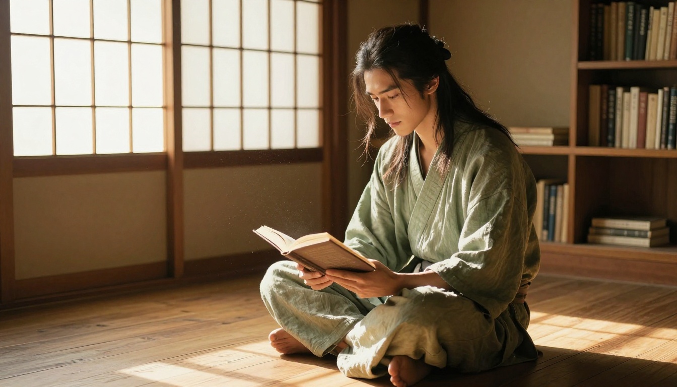 Young man with long dark hair tied loosely at the nape, reading an open book cross-legged on a wooden floor, warm afternoon light through shoji screens, sage green linen haori, dust particles floating in the sunbeams Young man with long dark hair tied loosely at the nape, reading an open book cross-legged on a wooden floor, warm afternoon light through shoji screens, sage green linen haori, dust particles floating in the sunbeams