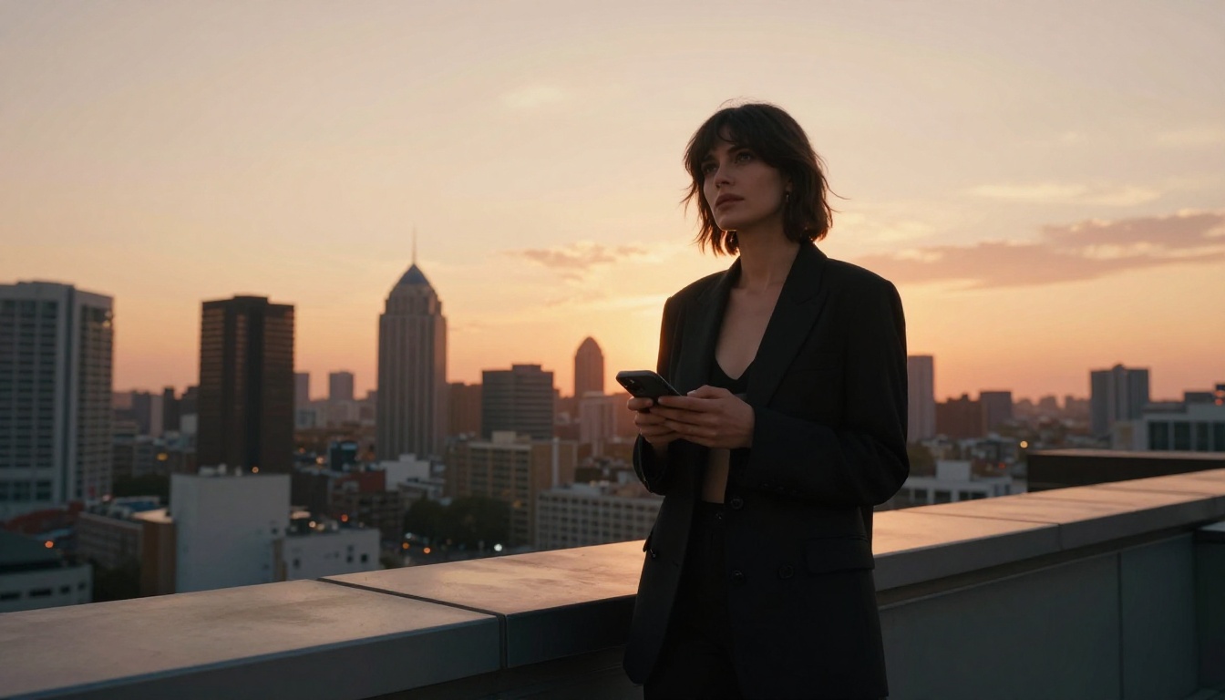 Woman standing on rooftop against city sunset Woman standing on rooftop against city sunset