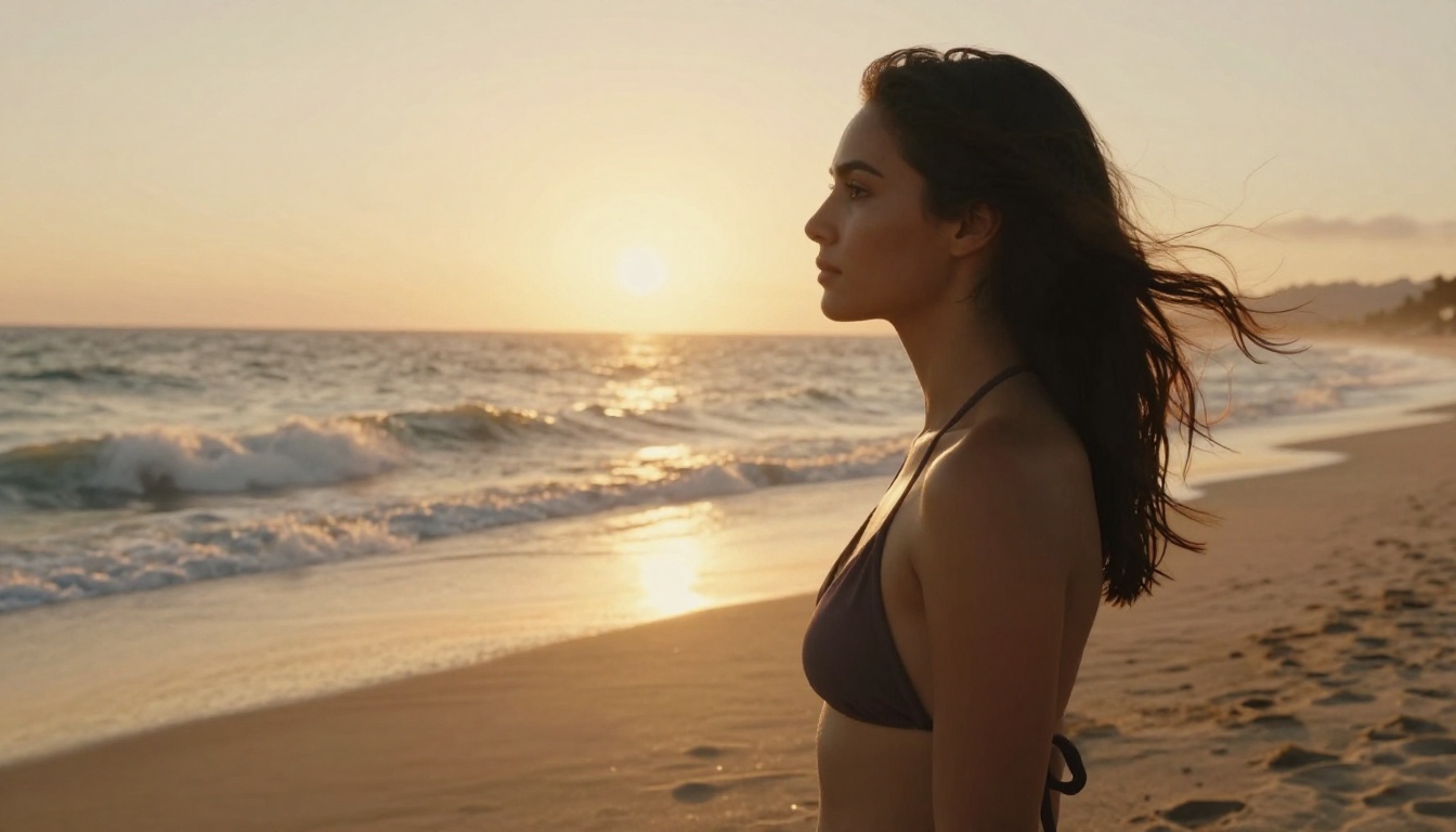 Woman at beach in golden hour with soft wave light Woman at beach in golden hour with soft wave light
