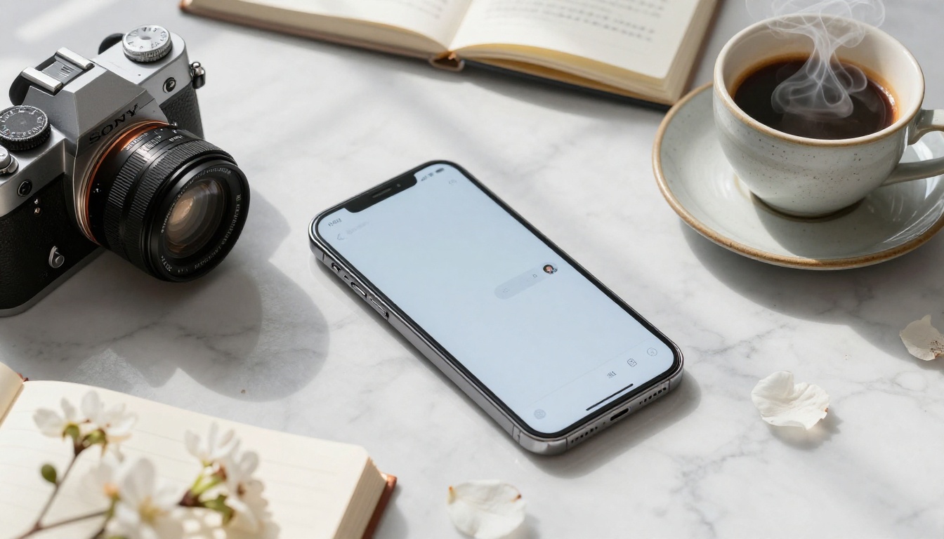 Flat-lay of smartphone with AI interface on marble desk Flat-lay of smartphone with AI interface on marble desk