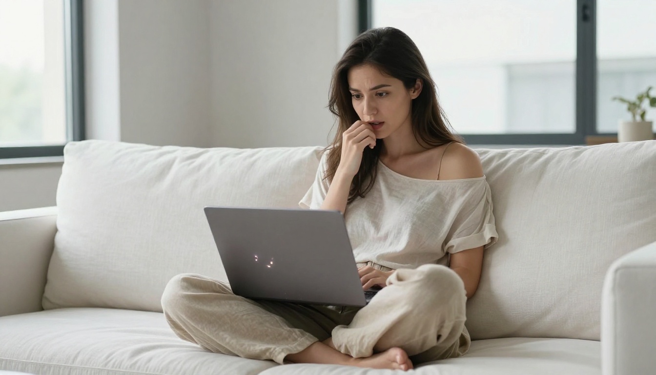 Woman on sofa browsing AI interface on laptop Woman on sofa browsing AI interface on laptop