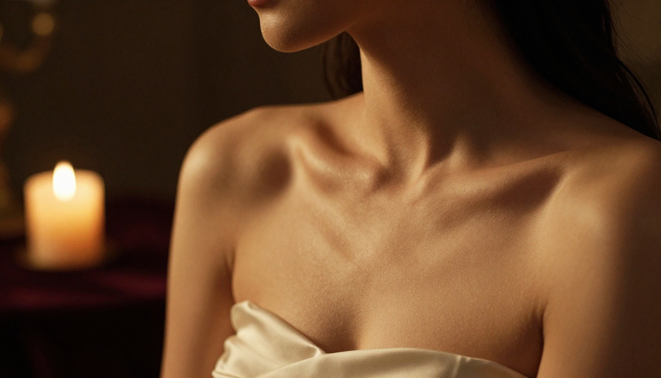 Candlelight editorial close-up of silk dress and collarbone Candlelight editorial close-up of silk dress and collarbone