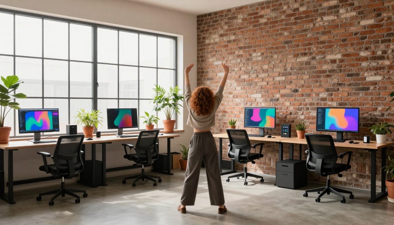 Modern creative studio workspace with multiple monitors and plants Modern creative studio workspace with multiple monitors and plants