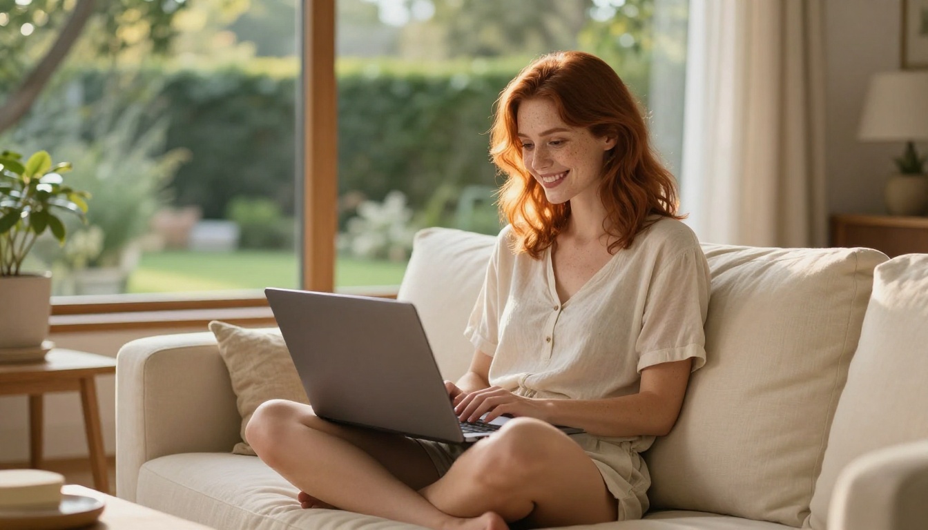Woman smiling at laptop on a cozy sofa in sunlit living room Woman smiling at laptop on a cozy sofa in sunlit living room