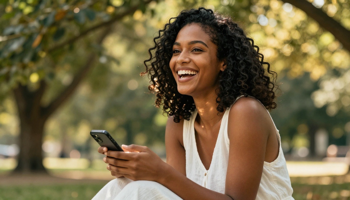 Woman laughing openly in a sunlit park, natural and genuine expression Woman laughing openly in a sunlit park, natural and genuine expression