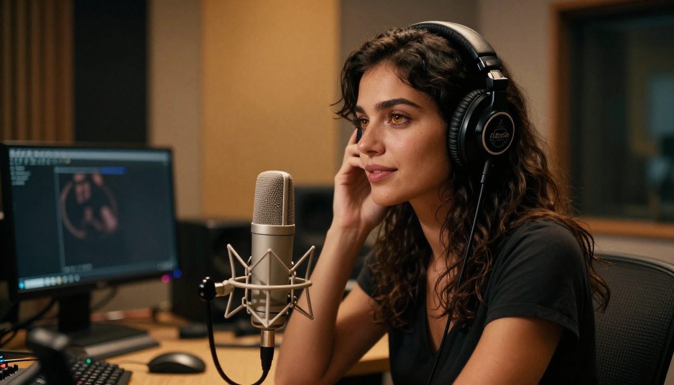 Woman speaking into a professional studio microphone with headphones Woman speaking into a professional studio microphone with headphones