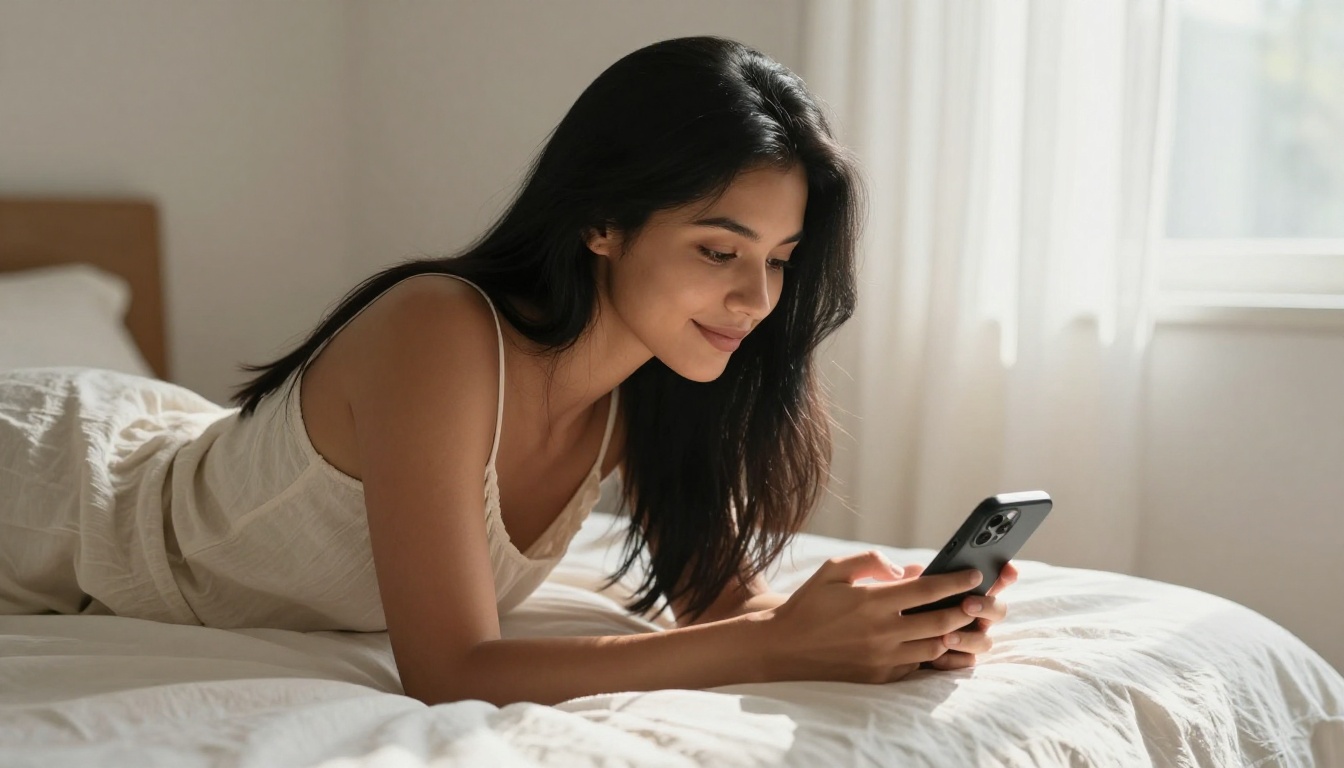 Woman with black hair scrolling phone peacefully in morning light on bed Woman with black hair scrolling phone peacefully in morning light on bed