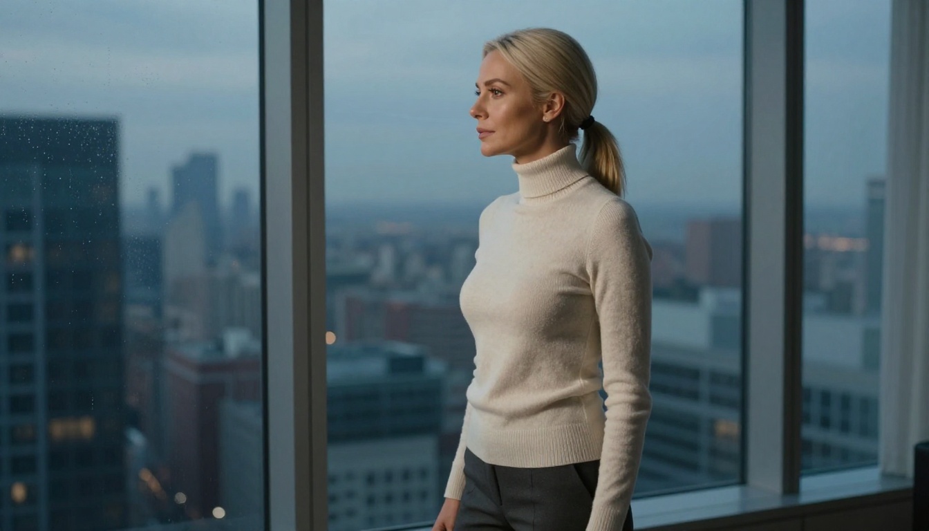 A woman with platinum blonde hair at a high-rise apartment window overlooking a city at dusk, cool ambient light