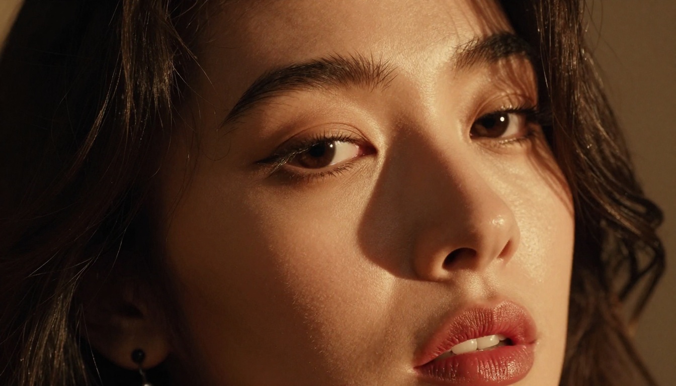 Tight chiaroscuro close-up portrait, dark wavy hair, deep ruby lips, dramatic Rembrandt light, RAW 8K