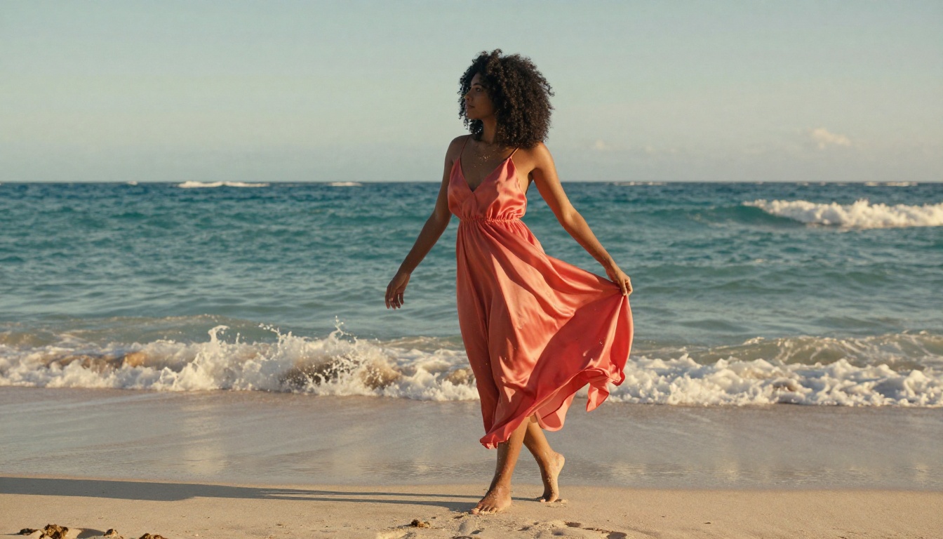 Full body beach shot, natural curly black hair, coral silk dress billowing in breeze, Caribbean golden hour