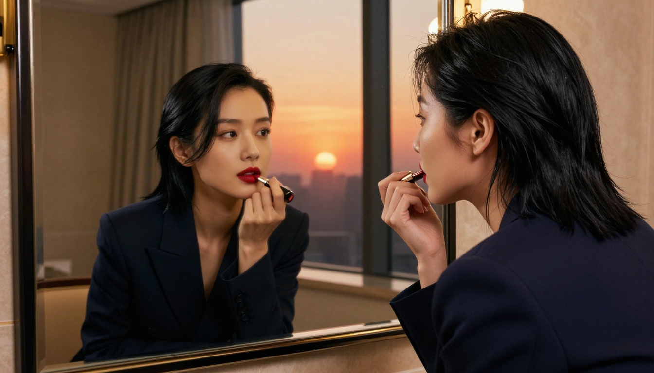 East Asian woman in side profile at vanity mirror, navy blazer, red lipstick application, warm sunset backlight